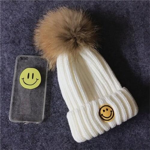 Adults and Children Wool Real Raccoon Fur Pom Poms Winter Woman Hats High Quality Knitted Warm Casual Skullies Beanies
