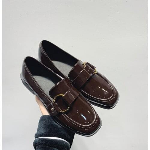 Womens shoes retro small shoes square head round buckle Lok Fu shoes casual shoes