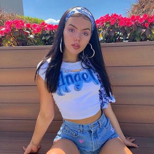 Women Angel Letter Printed Tees Summer Short Sleeve T-Shirts Fashion Slim Crop Top Casual Outdoor Dance Knot Short Tops New