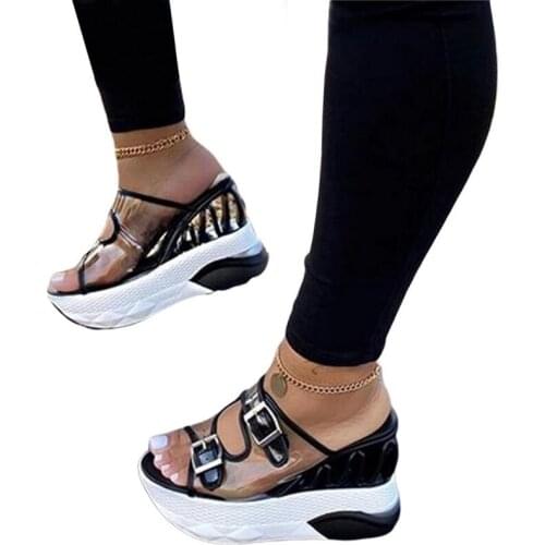 2021 Summer Women Slippers Transparent Sandals Ladies Platform Wedges Sandals Double Buckle Straps High Heel Outside Shoes