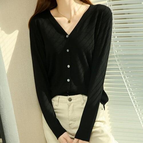 2021 New Style Women Cardigans Wool Knitted Jumpers Full Sleeve Female Sweaters Woolen V-Neck Tops Simple Style Sweaters