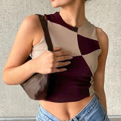 Ribbing Cropped Top Sleeveless Tie Dye Patchwork Round Neck Women Clothes Summer Tank Top