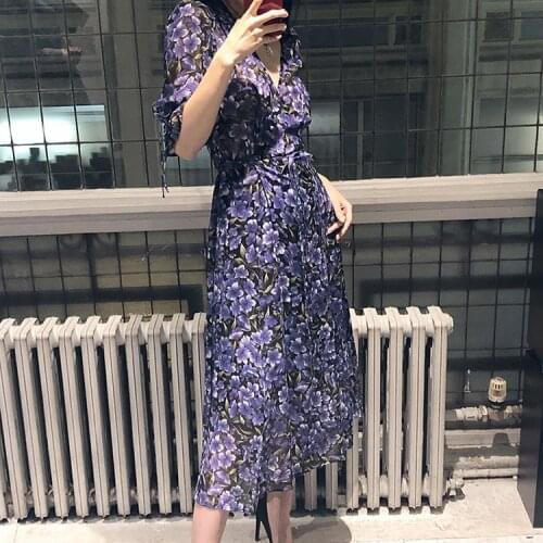 Print V-Neck Lace Dress Women Dress 2019 V Collar Seven Points Bubble Sleeve Ladies Color Matching