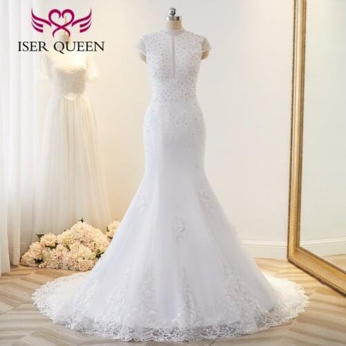 High Neck Crystal Mermaid Wedding Dress 2021 Short Sleeves Hollow backless White Heavy Beading Pearls Wedding Dresses WX0221