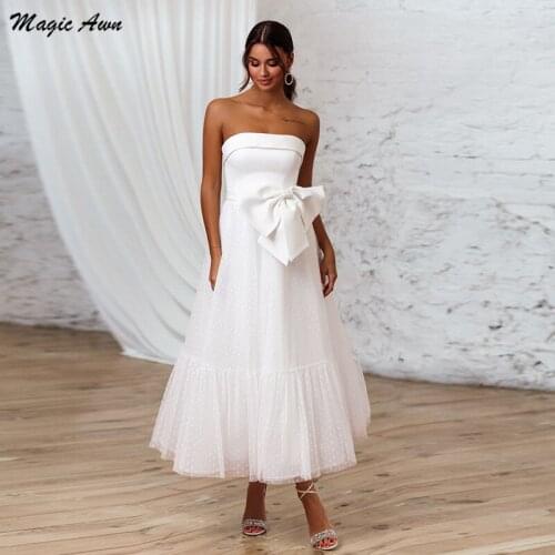 Magic Awn Simple Boho Wedding Dresses Strapless White Ankle Length Polka Dots Tulle Skirt For Women A-Line Wedding Party Gowns