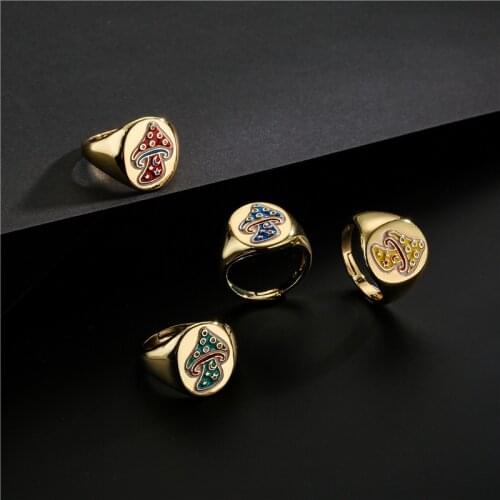 New Ins Vintage Gold-plated Color Cute Color Mushroom Ring Drop Oil Plant Mushroom Adjustable Ring For Women Fashion Jewelry