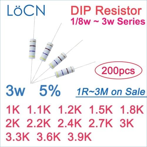 200pcs 5% 3W Carbon Film Resistor DIP 1K 1.1K 1.2K 1.5K 1.8K 2K 2.2K 2.4K 2.7K 3K 3.3K 3.6K 3.9K OHM Color ring 1R~3M 1w 2w