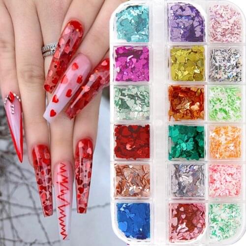 3D Nail Art Butterfly Love Nail Sequins Glitter Powder Holographic Nails Powder Mirror DIY Nail Art Decorations 12 Grids/box