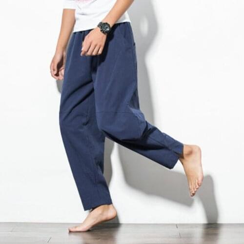 Japanese Style Trousers Summer Cotton Harem Pants Men Leisure Hip Hop Trousers Cross Male Calf-Length Pants Joggers Streetwear