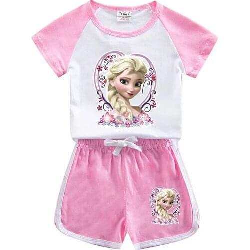 Disney Summer Cartoon Elsa Anna Girls Clothes Sets Baby Cotton Frozen T-Shirts Pants 2Pcs Suits Causal Kids Clothes For 2-10T