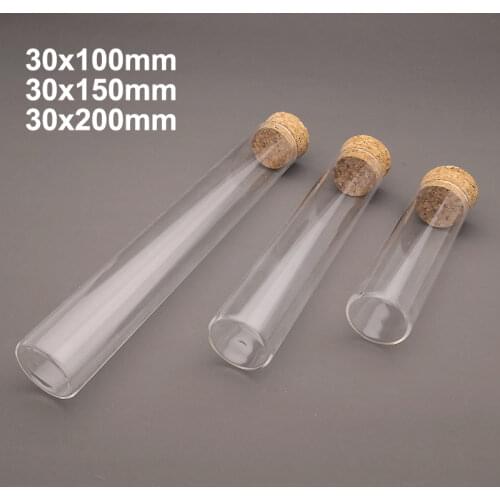 5-10-20pcs 30x100mm / 30x150mm / 30x200mm Clear Lab Flat Bottom Thickening Glass Test Tubes with Cork