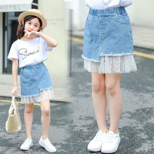Summer Child Clothes Girls Pearls Mesh Denim Skirts For Kids Little Girls Jeans Short Princess Skirts 3 4 5 6 7 8 9 10 Years