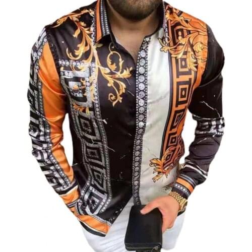 2021 Autumn Shirt Casual Retro Print Men Shirt Turn-down Collar Smooth Long Sleeve Buttons Slim Shirt Streetwear Male Clothing