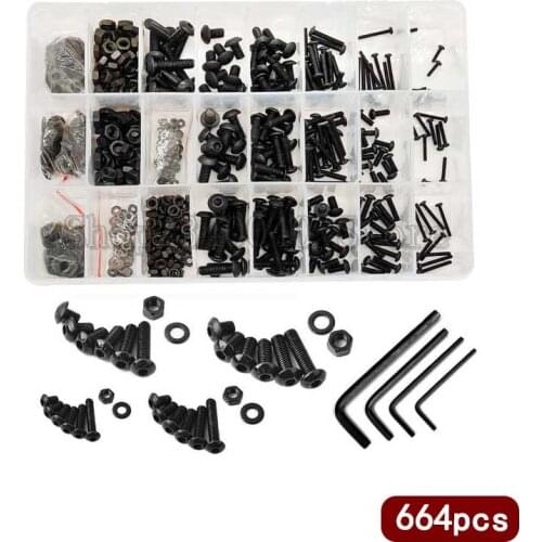 664pcs Screw Nuts Set M2 M3 M4 M5 Carbon Steel Button Head Hex Socket Head Screws Washers Assortment Kit with Wrench+Storage Box