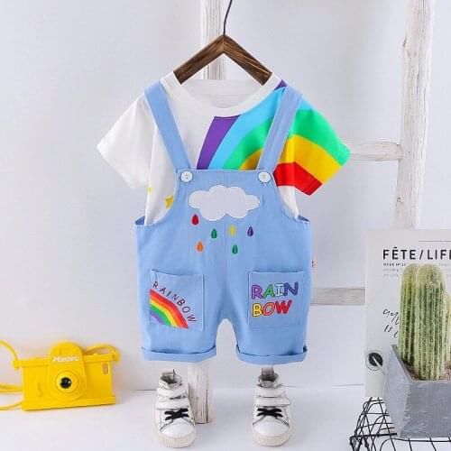 2021 New Summer Infant Clothes Baby Girls Boys Cotton T Shirt Cartoon Rainbow Bib Pants 2Psc/Sets Children Kids Suits 0-5 years