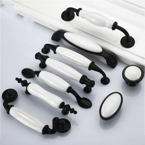 New Ceramic Black White Cabinet Handles Drawer Knobs Zinc Alloy Wardrobe Door Handles Pulls Simple European Furniture Handle