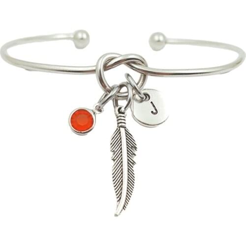 Feathers Retro Creative Initial Letter Monogram Birthstone Adjustable Bracelet Fashion Jewelry Women Gift Pendant