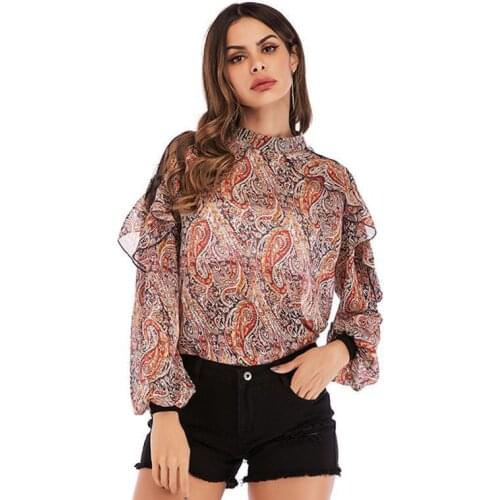 Half-high Collar Lantern Sleeve Womens Printed Ruffled Long-sleeved Loose Bottoming Chiffon Shirt Shirts for Women