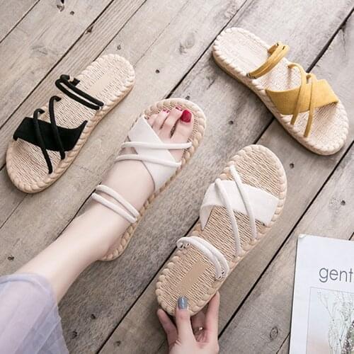 2020 Womens Summer Sandals Weave Slippers Woman Flat Sandalias Mujer Thin Strips Gladiator Beach Shoes Ladies Flip Flops Slides