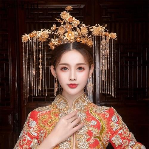 JaneVini Chinese Style Hyperbolic Wedding Imperial Crown Luxurious Gold Long Tassel Pearls Bridal Headband Earrings Set Headwear