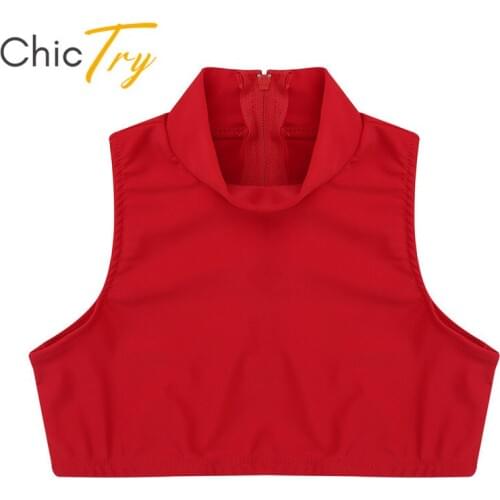 ChicTry Kids Teens Solid Color Sleeveless Stretchy Gymnastics Ballet Crop Tops Children Girls Back Zipper Gym Workout Dance Wear
