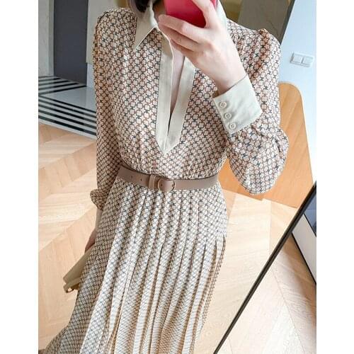 2021 spring and summer French retro court style triumphal arch printed double Zou silk Pleated Dress