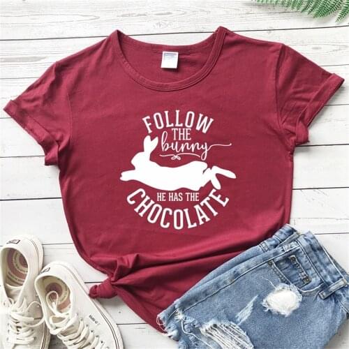 Follow The Bunny He Has The Chocolate T-shirt Vintage Easter Day Gift Tshirt Cute Women Short Sleeve Graphic Tops Tees TX5420