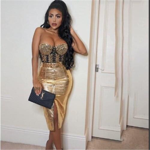 Top Quality New Arrival Fashion Sexy Strapless Gold Rovet Leather Knee Length Dress Cocktail Party Bodycon Dress