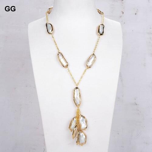GuaiGuai Jewelry Natural Freshwater Cultured White Biwa Pearl Gold Plated Chain Necklace 19"