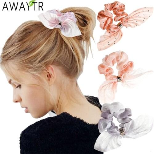 AWAYTR Floral Print Scrunchies Bow Candy Color Gradient Ribbon For Women Ponytail Scarf Elastic Hair Band Tie Hair Accessories