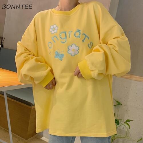 Hoodies Women Stylish Long Sleeve Soft O-neck Daily Teens Korean Hoodie Sweet Floral Design Simple Loose Womens Sweatshirts Chic
