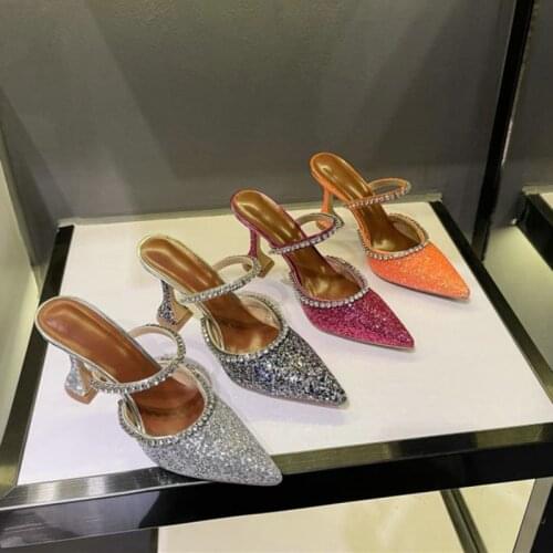 Ins Tide Slippers Womens Summer Wear 2021 New Pointed Luxury Rhinestone Sequins Baotou Fashion High-heeled Sandals