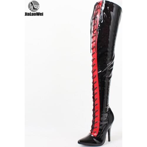 Womens Fashion Sexy Fetish Thin high Heels Patent Leather Pointed Toe Stiletto Lace-Up motorcycle over-the-knee Thigh boots