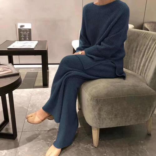 2021 Autumn Winter Two Piece Set Pullover Round Neck Sweater Women High Waist Knit Wide Leg Pants Women Suit 2 Piece Set Y203