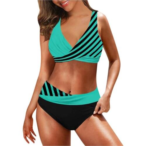 2021 Women Swimsuit High Wasit Plus Size Print Bikini Cover Up Bathing Suit 2 Piece Beachwear Padded Summer Fresh Green Swimwear