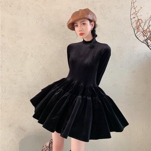 Temperament Slim Long Sleeve Black Velvet Puffy Dress 2021 New Women Bow Neckline Vintage Mini Autumn Dress