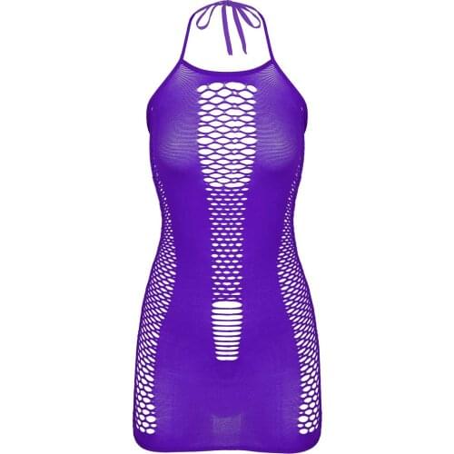 Womens Erotic Sexy Fishnet Dress Halter Neck Lace-up Hollow Out Lingerie Clubwear Stretchy Bodycon Dresses Night Dress Underwear