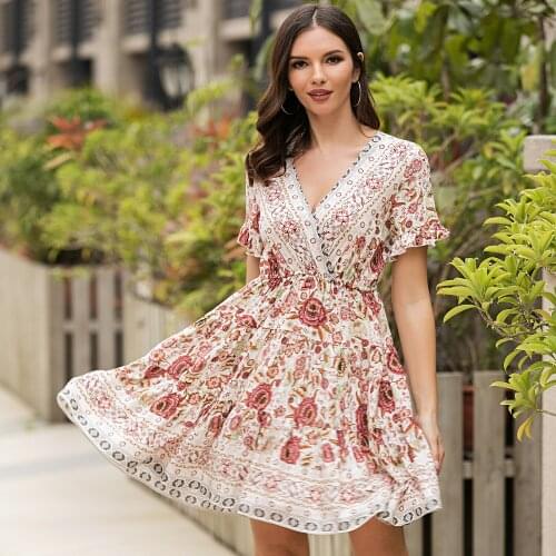 New 2020 Summer Womens Dress V-neck Printed Casual Bohemian Beach Dress 8-color Floral Skirt Short Prom Dress