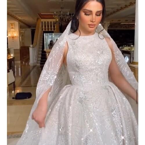 2021 Designer Wedding Dresses O Neck Bling Bling Lace Stars Sleeveless Ball Gown Robe De Mariee