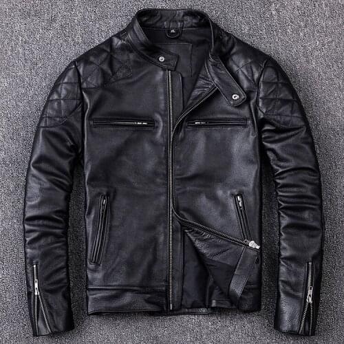 Free shipping.Brand new motor style jacket,mens genuine leather coat.plus size black slim jacket.cowhide.cheap