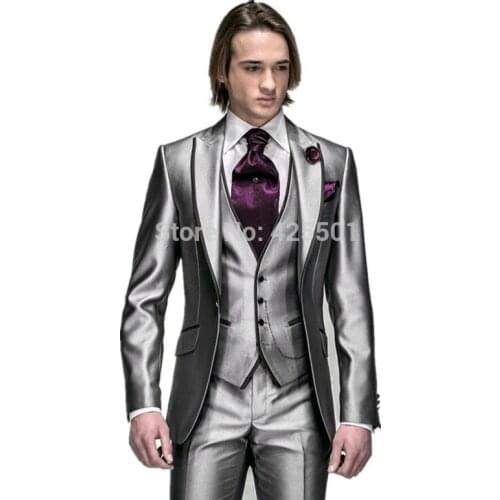 Shiny Silver Wedding Men Suit 2020 Formal Skinny Stylish Male Blazer Party Custom Groom Tuxedo 3 Piece Vestidos mens suits