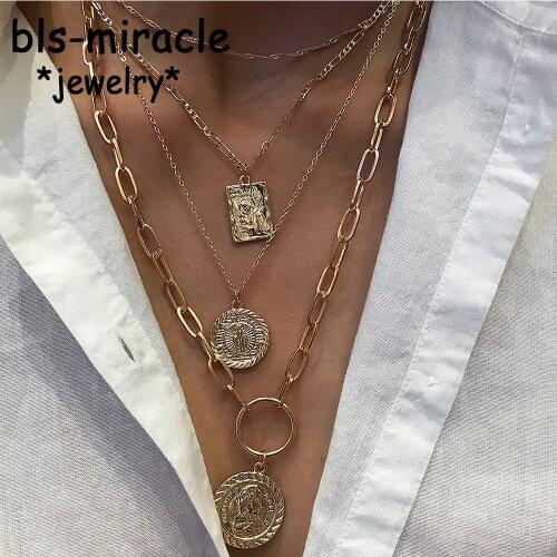 Bls-miracle 4pcs/set Punk Gold Round Necklaces Coin Necklaces For Women Long Pendant & Necklace 2019 Female Fashion Jewelry Gift