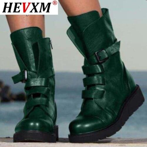 New Fashion Women Cool Buckle Motorcycle Boots Wedges Casual Cool Mid Calf Women Boots Designer Brand Autumn Winter Shoes Woman