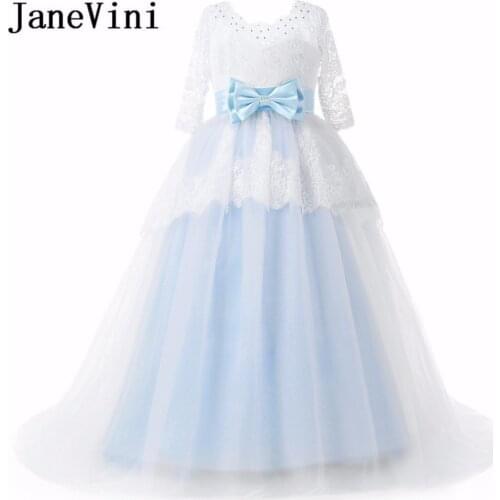 JaneVini White Blue Beaded Kids Flower Girls Dresses 2018 Long Evening Party Princess Ball Gown Lace Appliques Communion Dress
