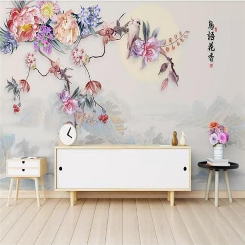 Custom wallpaper hand-painted flowers and birds flowers landscape TV background wall decoration - high quality silk fabric