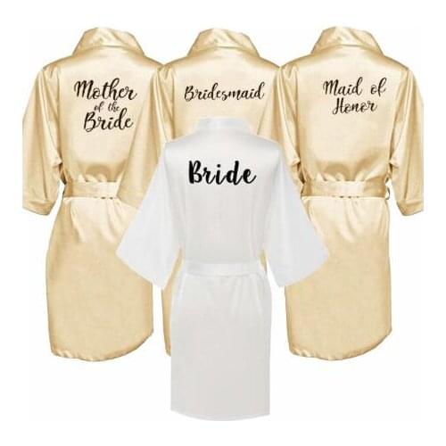 Bride Bridesmaid Robe with White Black Letters Mother Sister of The Bride Wedding Gift Bathrobe Kimono Satin Robes