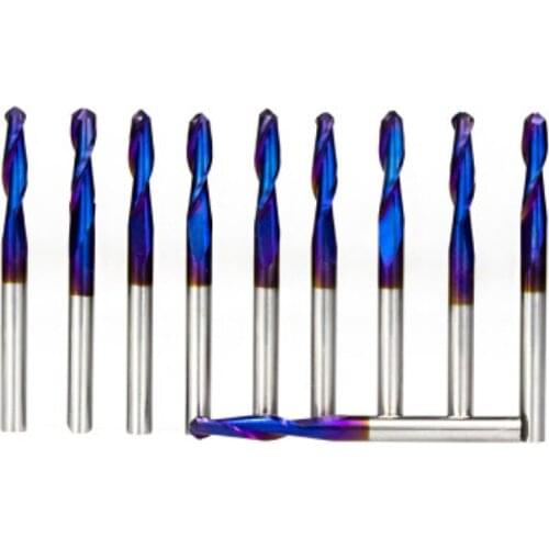 10pcs Blue nano-coating shank diameter 3.175mm carbide-plated blue double-edged spiral ball end mill 0.8mm-3.175mm