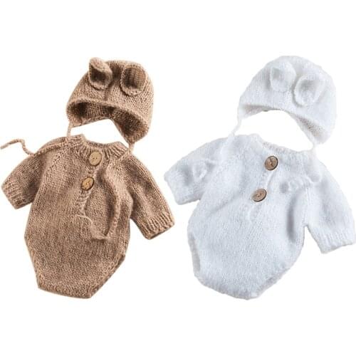 2 Pcs Knitted Baby Hat Romper Set Outfit Infants Photo Shooting Clothing Newborn Photography Props GXMB