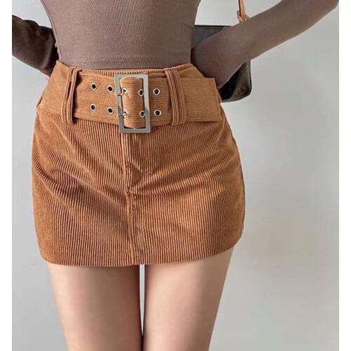 Brown Vintage Corduroy Mini Skirts Yk2 Belt Womens 90s Aesthetic School Girl Skirt High Waist Slim Sexy Punk Skirt Egirl Clothes