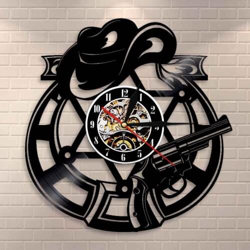 Cowboy Bandit Home Decor Wall Clock Revolver Pistols Weapons Hat Western Outlaw Cowboy Hat and Revolver Vinyl Record Wall Clock